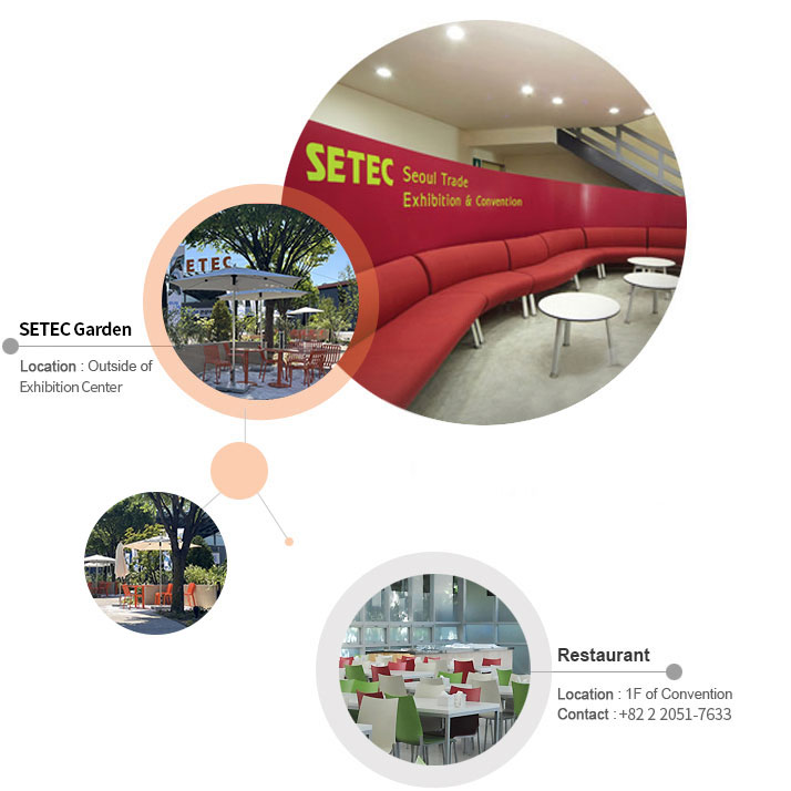 Outdoor Tech - Location Outside of exhibition / CU convenience store - Location : 1F of exhibition center, Contact : +82 2 558-6103 / Restorent - Location 1F of Convention, Contact :  +82 2 2187-4667